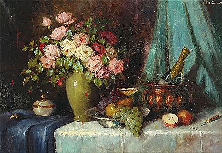 Still life with flowers, fruits and champagne.