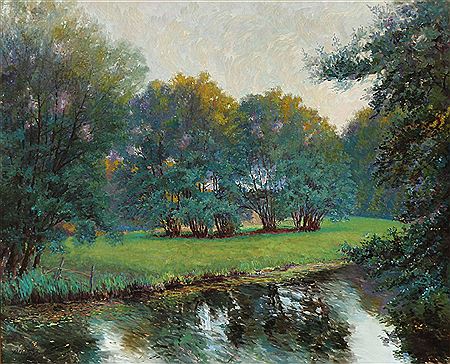 Landscape with trees and a stream.
