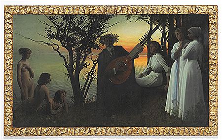 "Digteren". The poet Holger Drachmann surrounded by six women.