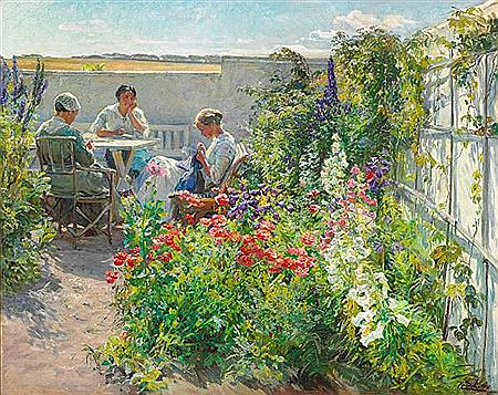 Summer day with flowers in bloom in the garden and three young women sewing.