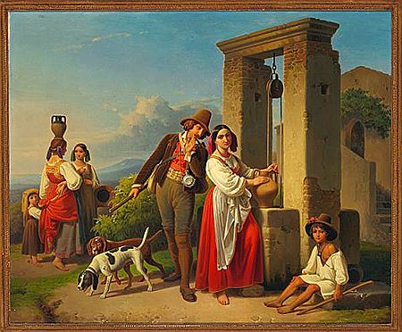 A hunter courting a young Italian woman at a well.