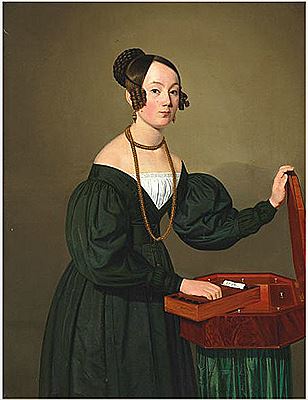 Portrait of a lady standing by a needlework casket.
