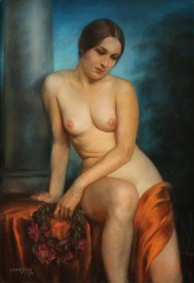 A female nude with a wreath.