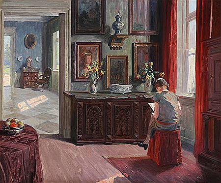 Interior from a living room with a young girl reading by the window. by Robert Panitzsch - Auction record, sale price, and art valuation. Compare with similar artists and explore comparable artworks.