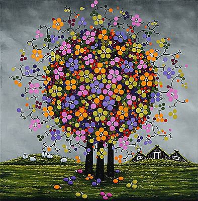 Composition with tree in blossom, sheep and houses