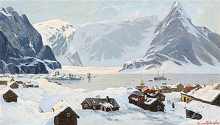 Norwegian fjord landscape with a village.