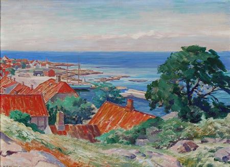View of Gudhjem on Bornholm, Denmark. by Hans Flygenring - Auction record, sale price, and art valuation. Compare with similar artists and explore comparable artworks.