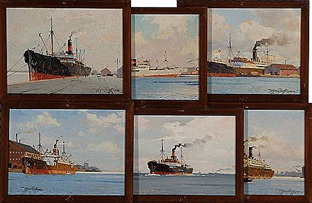 Six harbour sceneries with steamships. (6)