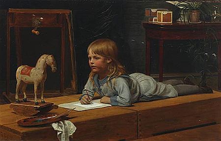A young artist in sailor suit is painting his rocking horse