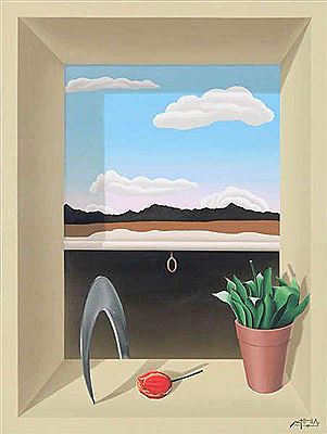 Surrealistische compositie met plant en sikkel in venster met landschap in de achtergrond. by Manuel Trinidad - Auction record, sale price, and art valuation. Compare with similar artists and explore comparable artworks.