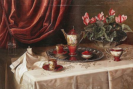 Still life with porcelain tea service, napkin and flowers in a dish on a table