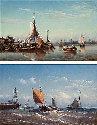 Two Works: Dutch harbor scene with fishing boats in calm weather and French harbor scene with the departure of the fishermen