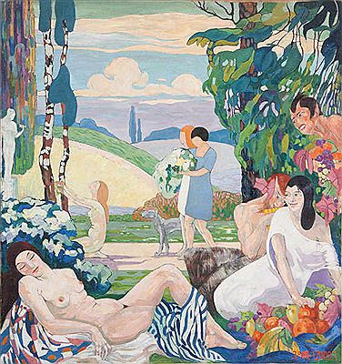 'Arcadian landscape with female figures and satyr'