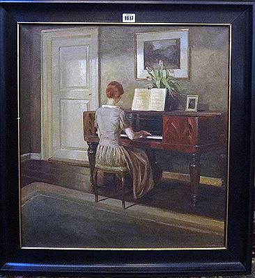 Interior with a lady playing the piano