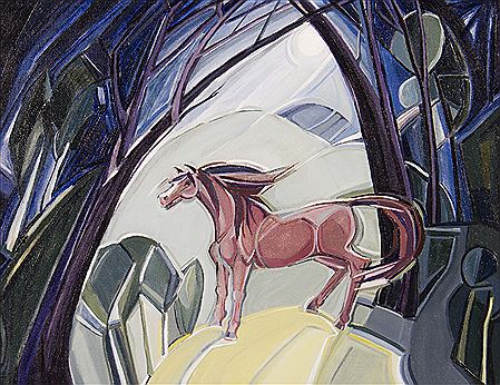 Modernist Welsh study of a horse in hilly landscape