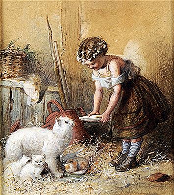 Showing young girl feeding a white cat and her kittens by Richard C Huttula - Auction record, sale price, and art valuation. Compare with similar artists and explore comparable artworks.