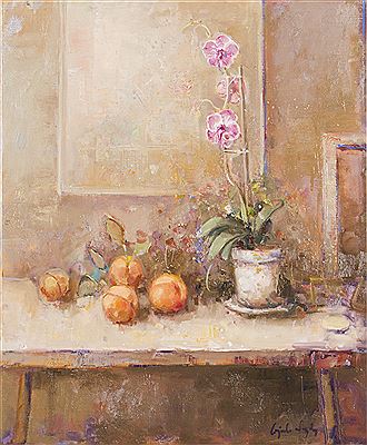 Still life of flowers in a pot arranged on a table beside peaches by Ricardo Cejudo Nogales - Auction record, sale price, and art valuation. Compare with similar artists and explore comparable artworks.