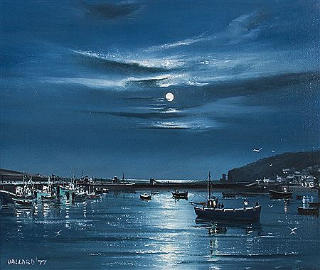 Nocturnal coastal harbour scene, with boats moored