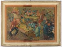 A tavern interior by Attilio Mangini - Auction record, sale price, and art valuation. Compare with similar artists and explore comparable artworks.