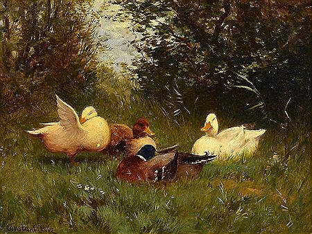 Landscape depicting a family of ducks resting in a sheltered meadow