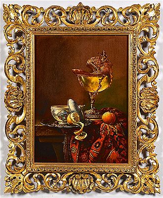 A table top display comprised of a silver centerpiece, a lidded porcelain bowl, and fruit arranged upon an orange floral textile