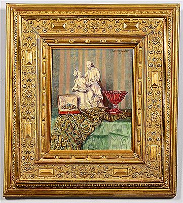 Porcelain figurine of lovers, red glass compote, lace and a boxed gold brooch with blue stones on a green moire covered table top against a green striped wallpaper backdrop