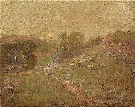 Pastoral scene of woman and child on path with sheep grazing in field and a cabin with smoke rising from chimney in the distance