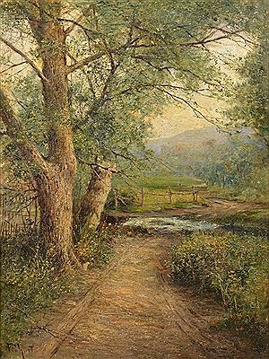 American landscape scene depicting a country path with fence row in the foreground and mountain ridge in background