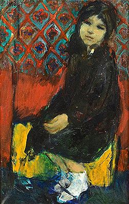 A young girl, seated and wearing a black dress, with graphic wallpaper in the background by Arie Wachenhauzer - Auction record, sale price, and art valuation. Compare with similar artists and explore comparable artworks.