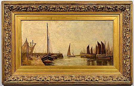Harbor scene with numerous sailboats under a cloudy, thickly textured sky, with figures on dock in the foreground