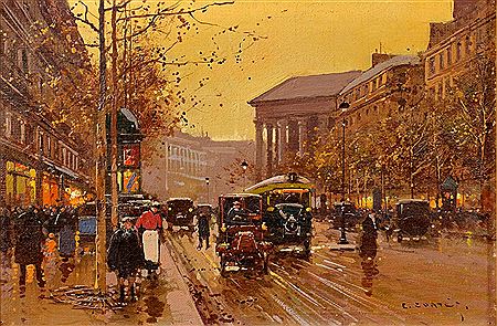 Boulevard Capucin depicting a Parisian street scene at dusk