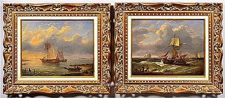 Scene with two men on shore and boats in stormy water; Scene depicting 3 boats with sailors in still water (2)