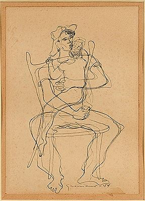 Man, seated in a chair and embracing a child