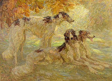 Landscape painting of three Russian wolfhounds or borzoi in garden setting