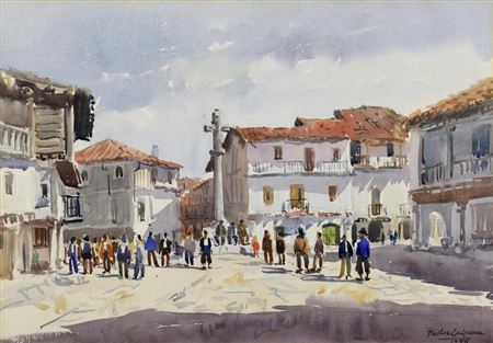Spanish street scene centered around a town square with a cross monument
