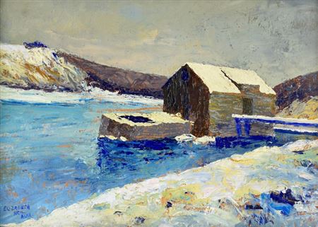 Winter landscape depicting a boathouse, river and snow-covered hills