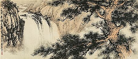 WATERFALL WITH PINE