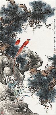BIRDS ON PINE
