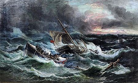 Marine Scene - The "Hero of London" stranded on the Goodwin Sands on 16th October 1872 with the Walmer Lifeboat "Centurion" in attendance by Charles Robert Ricketts - Auction record, sale price, and art valuation. Compare with similar artists and explore comparable artworks.