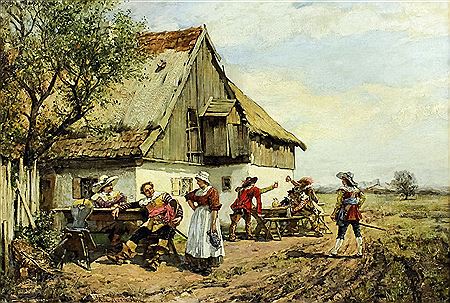 Group of men in 17th Century Cavalier dress outside an Inn