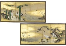 Pine tree, bamboo, plum, and crane(a pair of 6-panel byobu screens)