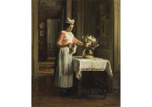 A maid watering flowers