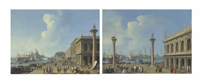 THE PIAZZETTA SAN MARCO, VENICE, LOOKING AT THE MOLO, WITH THE LIBRERIA, THE COLUMNS OF SAINTS MARK AND THEODORE AND FIGURES CONVERSING ON THE SQUARE; AND THE RIVA DEGLI SCHIAVONI, VENICE, WITH FIGURES NEAR THE LIBRERIA AND COLUMN OF SAINT THEODORE, THE P