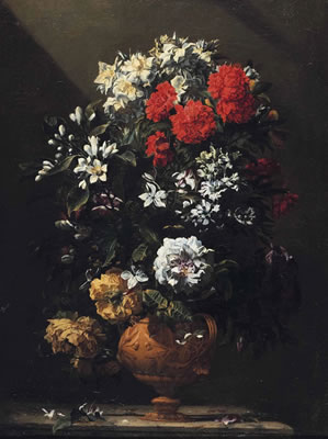 CARNATIONS AND OTHER FLOWERS IN A BRONZE VASE