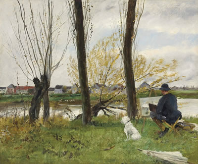 Peintre au bord d'une rivière