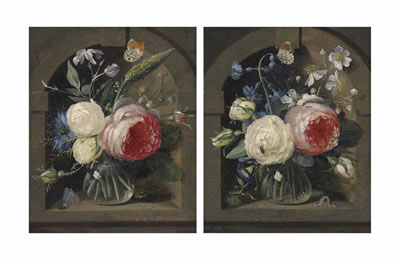 Pair: Roses, a cornflower and wildflowers in a vase with two butterflies in a niche; and Roses, bluebells and other flowers in a vase with a butterfly and other insects in a niche by Gaspar Pieter Verbruggen the Elder - Auction record, sale price, and art valuation. Compare with similar artists and explore comparable artworks.