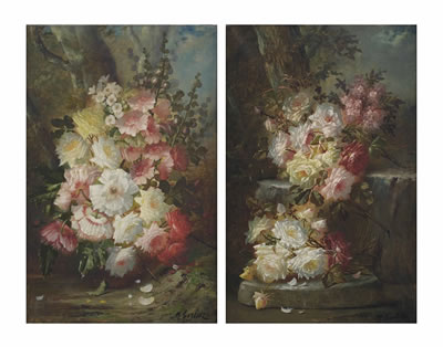 A spring bouquet with roses and hollyhocks; and A colourful bouquet of roses on a forest floor (pair)