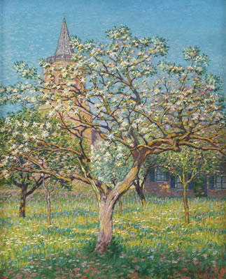 Blossoming tree with the church of Laren in the distance