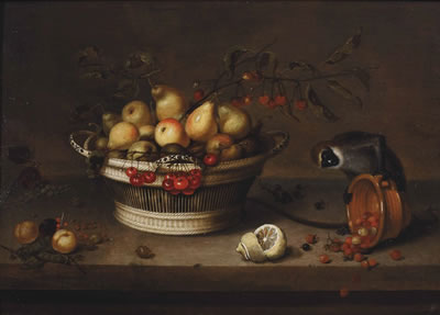 A wicker basket with apples, pears, cherries, plums, peas and currents, with a sliced lemon and a monkey overturning an earthenware bowl of wild strawberries, on a ledge