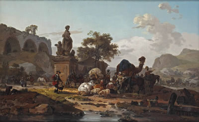 An Italianate landscape with a caravan of cattle, sheep, a camel and travellers, near a ruin